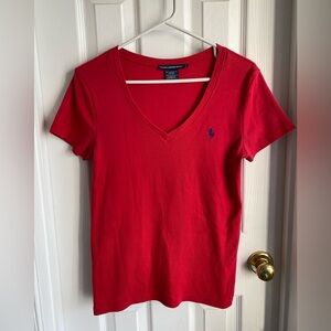 Ralph Lauren Sport V Neck Red T-shirt Size L.